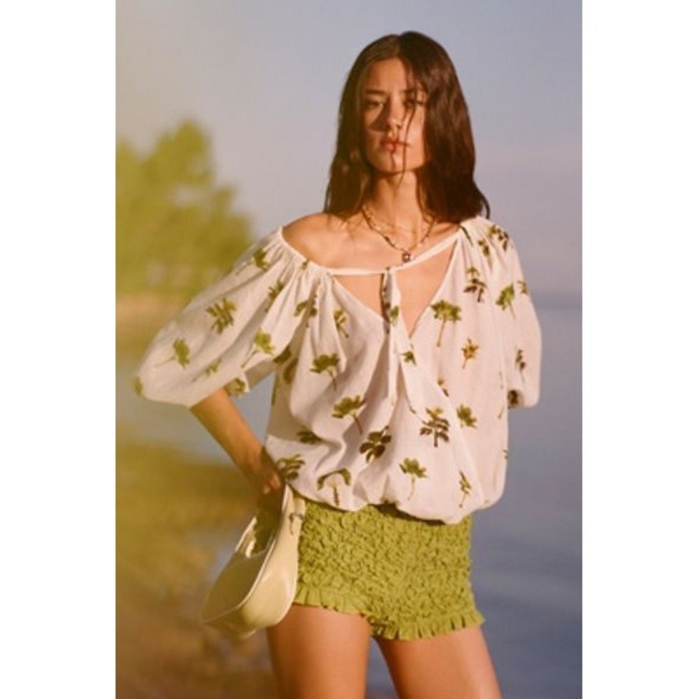 Celandine Anthropologie Blouse S White Green Palm Reversible Puff Sleeve NWT